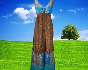 Womens Boho Maxi Dress, Rumraisin Swing Strapdress Maxi Dress, Recycle Silk Handmade Dresses S/M