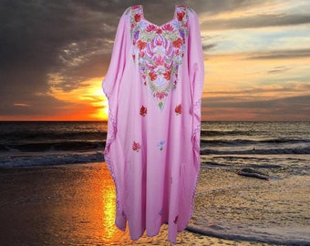 Womens Caftan Maxi Dress, Handmade Pink Floral Embroidered Kimono Dress, Cover Up Oversize Stylish Maxi Kaftan Dresses One size ,L-2XL
