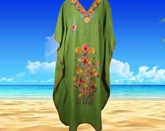 Women's Kaftan, Fern Green Maxi Dress, Handmade Loose fitting Dress, Embroidered evening dress, Resort dress, One size caftan dress L-2XL