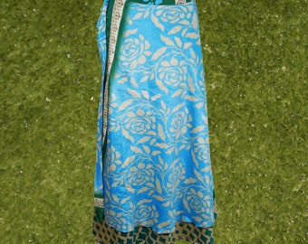 Women Long Wrap Skirt, Coverup Sarong, Silk Sari Wrap Skirts, Blue Floral Printed, Gift, 2 Layer Reversible Magic Skirts One Size