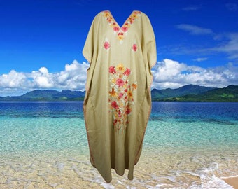 Womens Kaftan Maxi Dress, Flowy Caftan, Beige Housedress, Caftan Embroidered Kaftan, Bohemian Fashion L-2XL