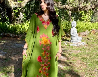 Women's Kaftan Maxi Dress,  Fern Green Holidays Maxi Dress, Gift, Lounger, Cotton Embroidered Caftans Dresses One size L-2XL