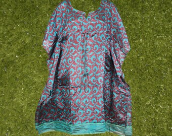 Women's Caftan Dress, Summer Dress, Ethical Recycled Sari Teal Blue Raspberry Purple Printed Short Kaftan Dresses S/M/L One Size