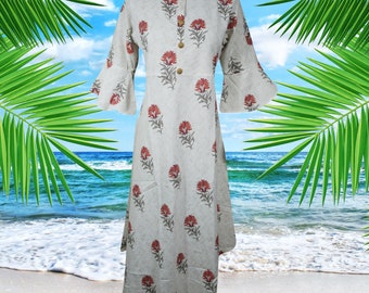 Womans Boho Maxi Dress Cotton White Floral Red Printed Flared Bohemian Dresses S/M