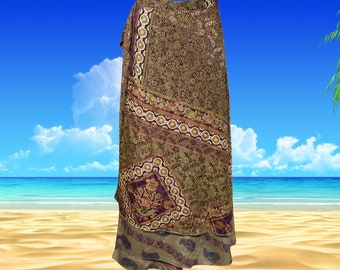 Womens Sari Wrap Skirt, Green Purple Wrap Around Long Wrap Sari Skirt, Indian Vintage Silk Sari Wrap Skirt, Boho Reversible Skirt, One size