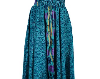 Teal Blue Vintage 2 In 1 Dress And Long Skirt Two Layer Printed Smocked Bodice Versatile Dual Design Strapless Dress
