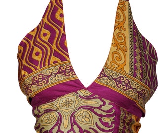 Pink Upcycled Silk Halter Tops Blouse Tie Back Printed Vintage Sexy Stylish Crop Top One Size