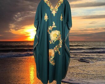 Caftan dresses for women, Pine Green Kaftan maxi dress, Kimono sleeve gown dress, Embroidered with V-neckline Abaya Dress L-2XL One size