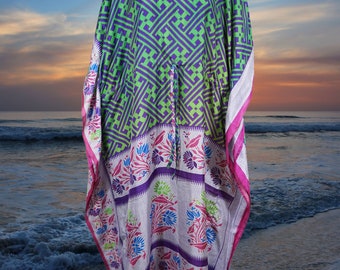 Boho Beach Kaftan, Purple, Green Floral Caftan, Silk Kaftan, Housedress, Beach Coverup, Summer Boho Caftan, Resort, Cruise Caftan L-2X