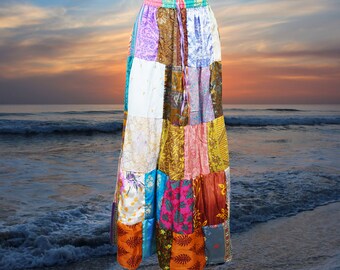 Patchwork Boho Maxi Skirt, Women’s Patchwork Skirt, Summer Festival Beach Skirt, Recycle Silk Sari Handmade Skirts S/M/L