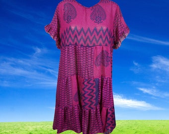 Summer Boho Dress, Fuchsia Paisley Print, Casual, Beach, Cocktail Dresses Shift Dress, Boho Day dress, M
