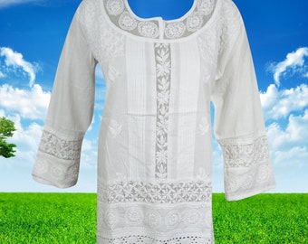 Womens White Cotton Tunic, Chikankari Embroidery Cotton Tunic, Handmade Blouse, Summer Tunic Bohemian Clothing, Shirt