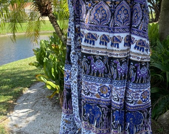 Womens Cotton Wrap Skirts, Traditional Style Beautiful Blue White Animal Print Wraparound Tribal Boho Hippie Wrap Around Skirts One Size