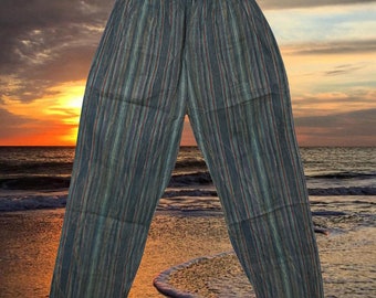 Gray Stripe Stonewashed Unisex Yoga Pant, Boho Chic Cotton Pants, Elastic Waist Comfy Pants With Pockets S/M