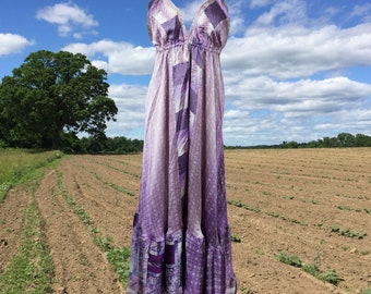 Womens Summer Maxi Dress, Halter Dresses, Blue Purple Swing Strap Boho Beach Maxi Dress, Recycle Silk Handmade Dresses S/M