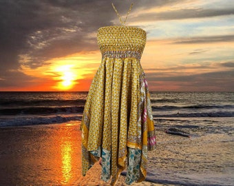 Women's Luxe Halter Dress, Yellow Printed Bohemian Recycled Silk Summer Travel Dresses, Beach Sundress S/M