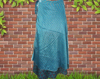 Womens Maxi Wrap Skirt, Blue Paisley Print Double Layers Wrap Skirts, Recycled Sari Wrap Skirt, Summer Retro Skirts One size