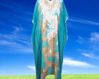 Womens Caftan Sheer Dress, Cruise Maxi Dresses, Blue Embroidered Kaftan Dress, Travel Summer Beach Maxi Dresses, L-4XL One size