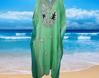 Womens Green Cruise Maxi Caftan Dress, Beach Dresses, Embroidered Kaftan Dress, Travel Maxi, Summer Maxi Dresses, L-4XL One size