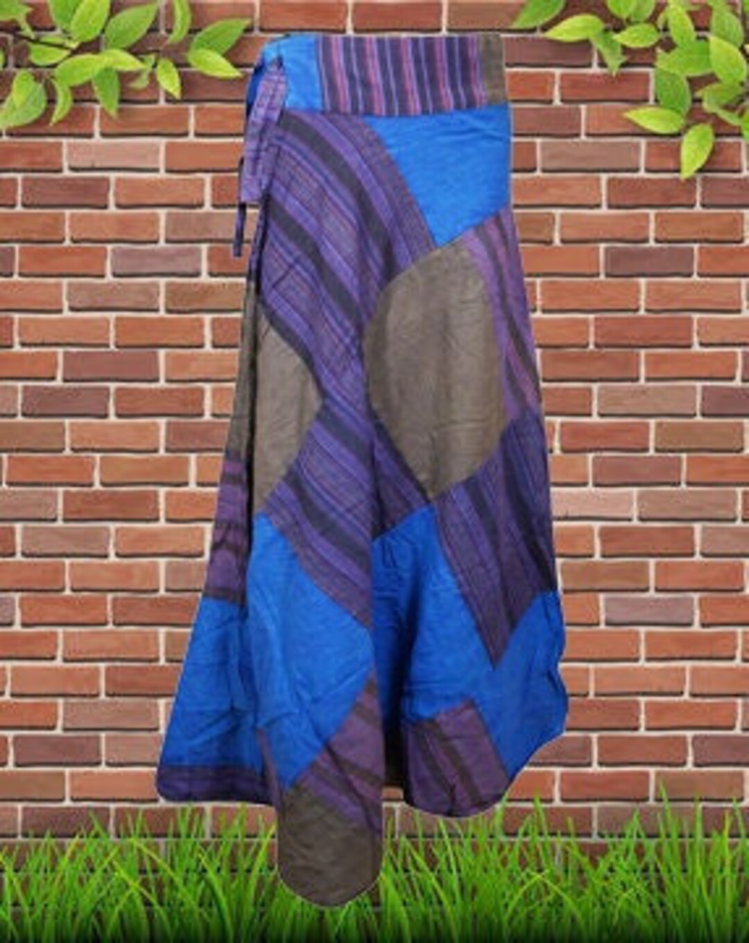 Blue Patchwork Bliss Boho Midi Wrap Skirt for Festivals, Long Cotton