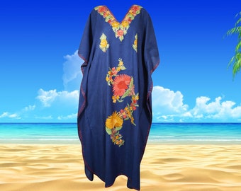 Womens Loose Kaftan Maxi Dresses, Berry Blue Luxury Cotton Hand Embroidered Caftan Dress, kaftan abaya long Dress L-2XL One Size