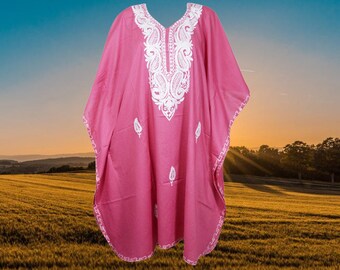 Womens Kaftan Dress, Passionate Plum Dahlia, Loose Cotton Dress, Resort Wear, Embroidered Floral Mid Calf, Kaftans L-4XL