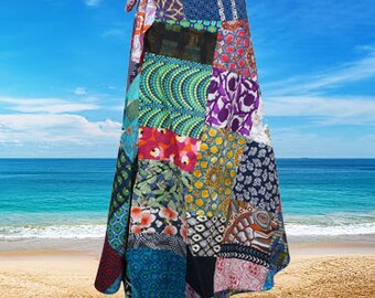 Womens Cotton Wrap Skirt, Travel Short Skirt, Floral Print Patchwork Blue Red Skirt, Boho Gypsy skirts, Vintage Style Skirt One size