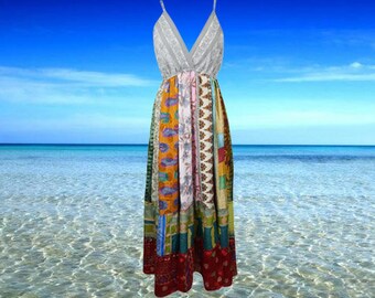 Womens Fall Maxi Dress, Gray Spring Fields Recycle Silk Strap Dresses, Beach Maxidress, Swing Dresses ML
