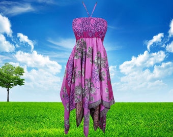 Women Sundress, Halter Dresses, Pink Floral Print, Handmade Boho Dress, Uneven Hem Recycled Silk Sari Boho Beach Summer Dress S/M
