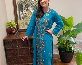 Womens Long Tunic Dress, Blue  Hand Embroidered Kurti Kaftan, Beach Resort Maxi Dress, Cotton Summer Casual Tunic Maxi Dresses L