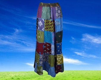 Womens Maxi Skirt, Blue Summer Skirt, Gujarati Patchwork Handmade Vintage Boho Chic Long Skirts S/M/L