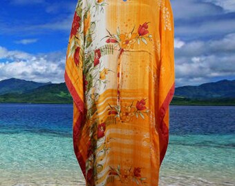 Women Boho Eco Chic Beach Kaftan, Tangerine, Floral Caftan, Silk Kaftan, housedress, Beach Coverup, Summer Resort, Cruise Caftan L-2X