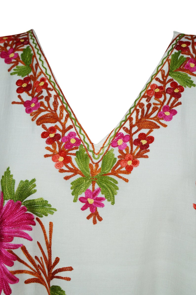 Boho Womens White Floral Caftan Loose Dress Cotton Embroidered Hippy Boho Gypsy Kaftan Plus Size Resort Dress 3X