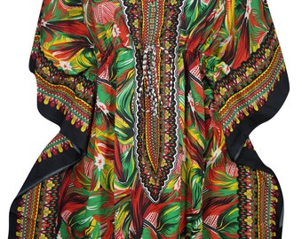 Red Green Short Caftan Dress V-Neck Kimono Sleeves Printed Cover Up Summer Holiday Kaftan One Size