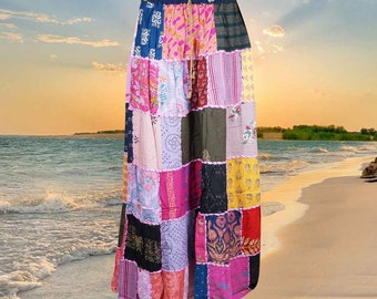 Womens Long Skirt, Floral Pink Patchwork Maxi Skirts, Elastic Waist Swing Skirts, Bohemian Summer Chic S/M/L