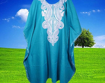Women kaftan Dress, Spring Fashion, Blue Floral Embroidery Mid Length, Cotton Kimono Resort Wear, Kaftan Dresses, One size L-4XL