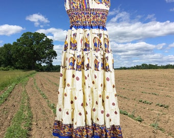 Womens Maxi Skirt, Gujrati Dance Print, Beige BLUE Indi Boho Gypsy Strapless Dress, Printed Recycled Sari Summer Bohemian Skirt S/M