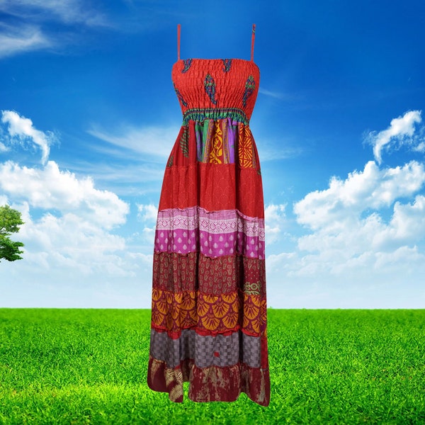 Women Maxi Dresses, Red Floral Printed Dress, Summer Beach Dresses, Recycled Sari Dress S/M