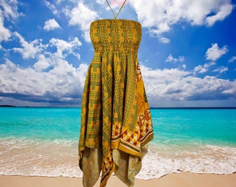 Womens Summer Sunsets Travel Dresses, Hankerchief Hem Beach Dress, Halter Dresses, Maxi Skirt, Recycled Silk Dress, S/M