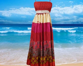 Women Travel Maxi Dress, Sari Silk Red Handmade Party Evening Dress, Summer Beach Wear Dress, Holiday Dresses, Hippie Dress S/M
