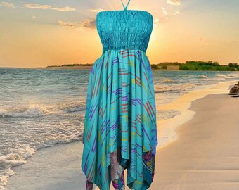 Womens Boho Beach Dress, Halter Dresses, Printed Blue Recycled Silk Dress, Summer Travel Dresses S/M