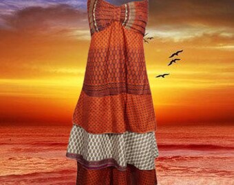 Womens Spaghetti Strap Dress, Orange Brown Printed Vintage Recycled Silk Sari Dress, Summer Dress S/M