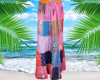 Womens Patchwork Maxi Pink Skirt, Long Elastic Waist Vintage Indian Style Handmade A-Line Long Skirts S/M/L