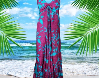 Womens Strap Boho Beach Maxi Dress, Summer Maxi Dress, Halter Dresses, Purple Printed Swing Recycle Silk Handmade Dresses S/M