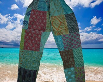 Summer Cotton Green Harem Pants, Boho Hippie Pants, Floral Pants, Handmade Soft Patchwork Trousers, Pajama Pants S/M/L