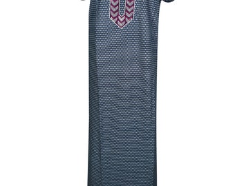 Womens Blue Cotton Caftan Dress Short Sleeves Printed Bohemian Sleepwear Nightgown Kaftan L