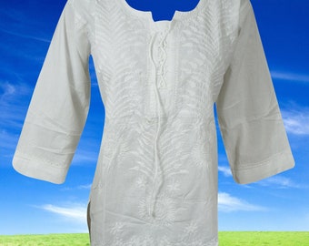 Womens Boho Tunic Top, Handmade Summer White Embroidered Long Sleeves, Beach Hippie Gypsy Kurti Blouse L/XL