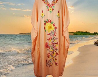 Womens Embroidered Kashmiri Kaftan Long Dress, Coral Peach Floral Embroidery Caftan Maxi Dress, Oversize Handmade Dress, Gift One Size L-2XL