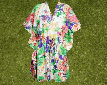 Womens Boho Kaftan, Tunic Short Dress, Colorful Floral Print Beach Coverup, Cotton Loose Caftan dress, Summer Holiday Dresses One size L-3XL