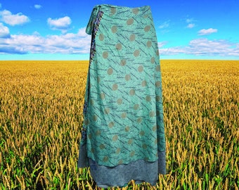 Womens Magic Wrap Skirt, Floral Double Layers Sea Blue Printed Wrap Skirts, Handmade Fashion, Valentine Gift, One size